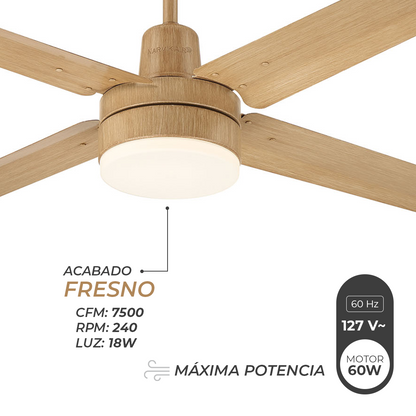 Narvik Ventilador de Techo Con Luz de 56"  4 Aspas de Aluminio con Acabado de Madera Control de Pared, Modelo NA3024